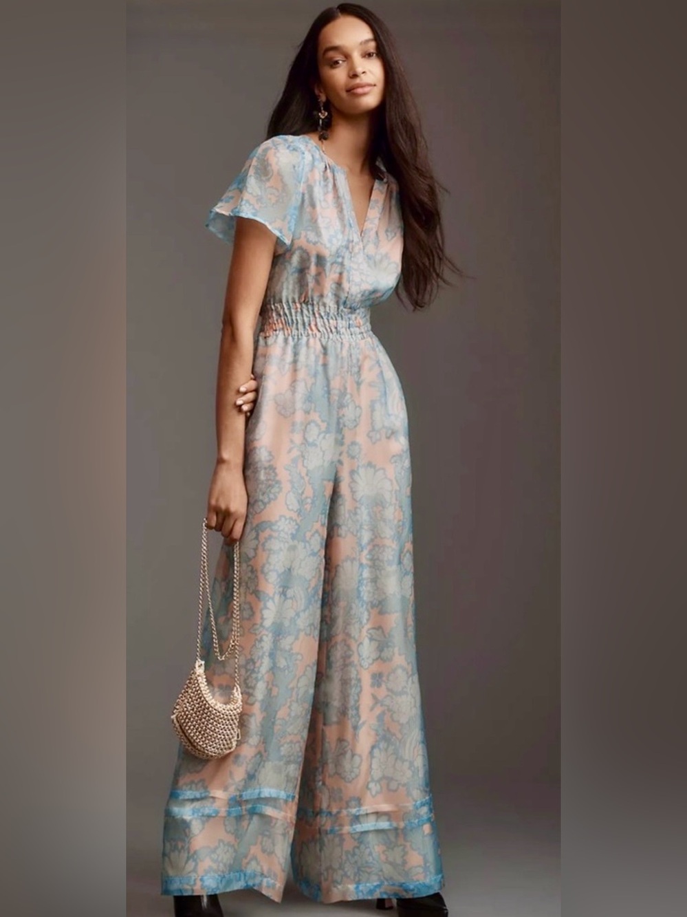 Anthropologie NWT Somerset Silk Organza Baby Blue And Peach Lined Jumpsuit M